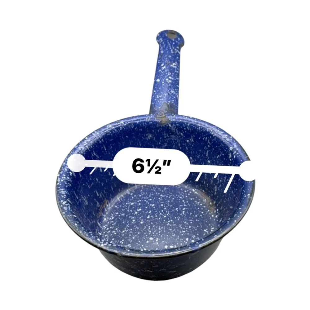 Vintage Blue Speckled Enamelware Dipper Ladle Farmhouse Graniteware Pot 6.5 Inch